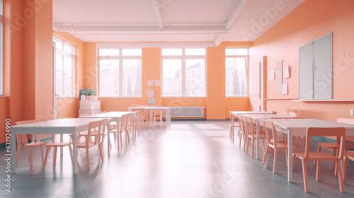Bright Empty modern kids classroom or kindergarten room in light pastel pink rainbow colors. 3d render illustration style. © dinastya