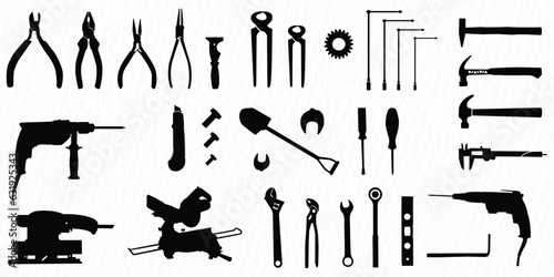 Vector silhouette set of construction tools for labor work and repair