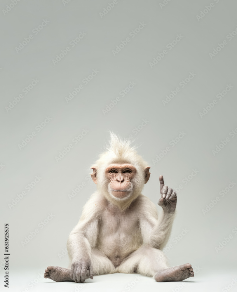Funny sitting monkey, smiling, pointing finger above showing something in empty copy space. Generative AI