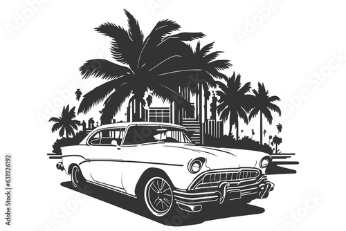 Classic american car style. Vintage vehicle vector illustration. Modern print design of retro machine.
