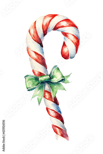 cute christmas candy cane in clipart watercolor design isolated against transparent background