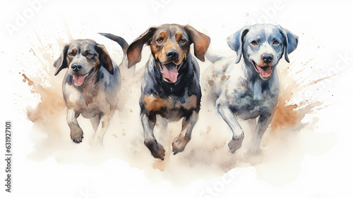 a group of cheerful dogs running on a white watercolor background.