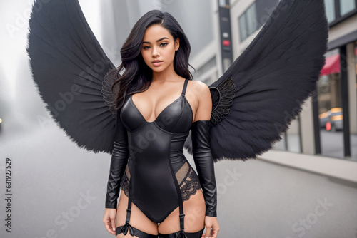 Lovely young female angel in black lingerie.Feather wings.City street.Digital creative designer fashion glamour art.