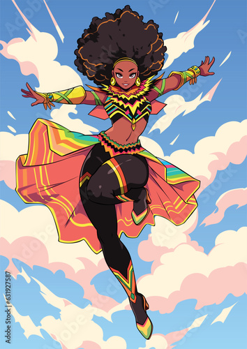 African Female Superhero Flying Anime