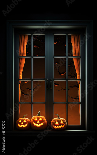 Hauntingly beautiful Halloween backdrop with luminous lanterns and spooky ambiance.