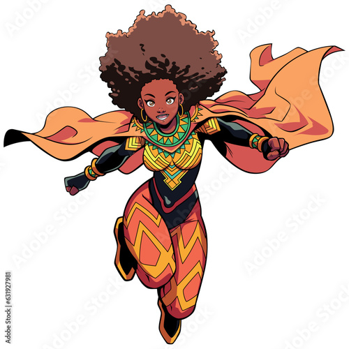 African Female Superhero Flying Anime Isolated