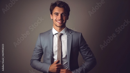 Young smilling business man posing on soft color background. 