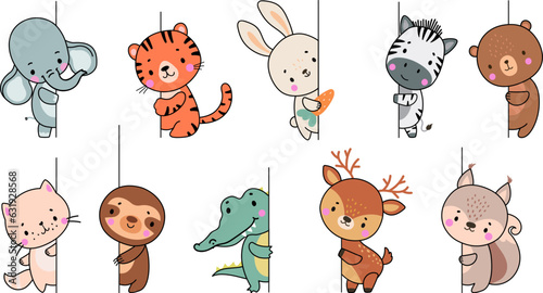 Wild animals peeking, cute cartoon animal looking out wall. Elephant, bear and kitten characters. Cute funny friendly crocodile nowaday vector set
