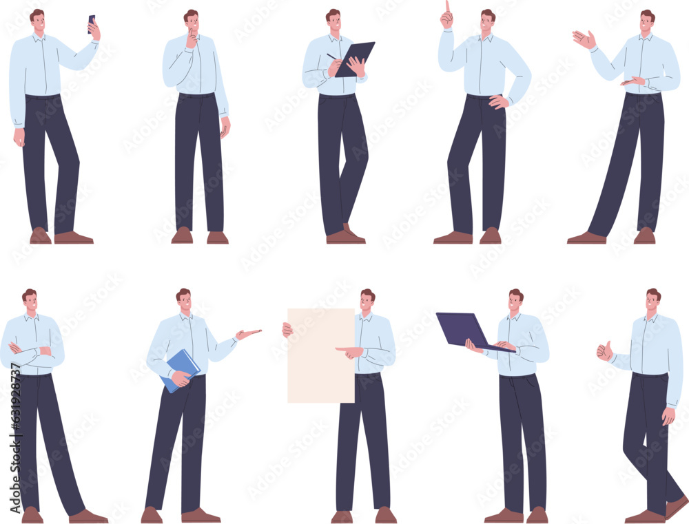 Different poses man character. Young businessman posing, using laptop, point up and on display. Adult casual worker kicky vector characters Different poses man character. Young businessman posing, using laptop, point up and on display. Adult casual worker kicky vector characters