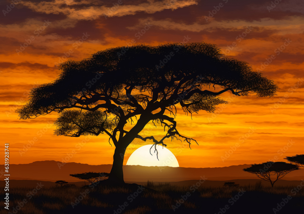 Acacia tree at sunset in Africa. Beautiful sunset behind a majestic tree