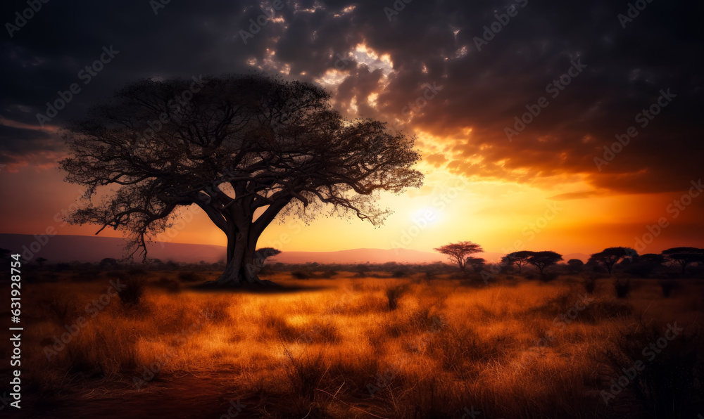 Solitary tree bathed in the warm glow of a sunset, standing tall in the middle of a vast field. A tree in the middle of a field at sunset
