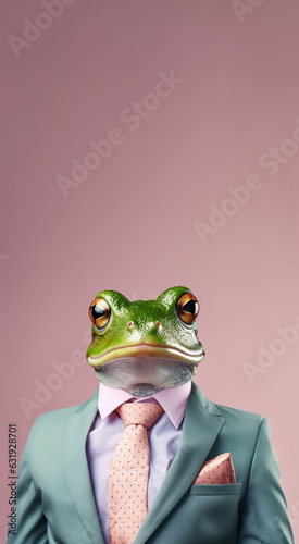 Frog in smart business suit and tie, looking serious businessman. Vertical banner with copy space above. Generative AI