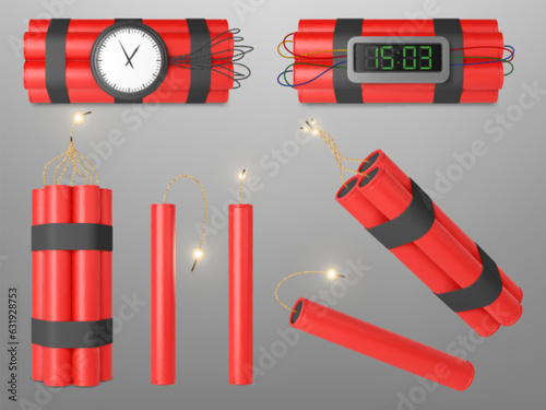 Realistic 3d red dynamite bombs. Detonator tnt bomb and explosive dynamites with timers. Isolated weapon and firecracker, pithy vector elements photo