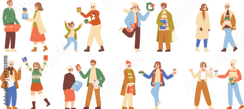 People give christmas gifts for holidays. New year family time, woman man bring and unpacking present boxes. Xmas party snugly vector characters