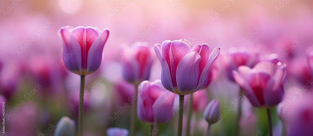 Amazing pink tulip flowers blooming in a tulip field, against the background of blurry tulip flowers, generative ai