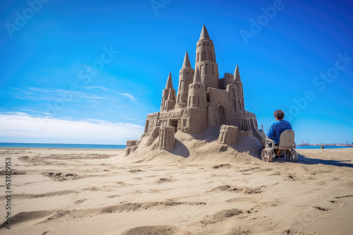 A wheelchair user enjoys building a sandcastle on the beach, with the beautiful blue ocean as a backdrop, embracing inclusivity and the joy of outdoor leisure activities.