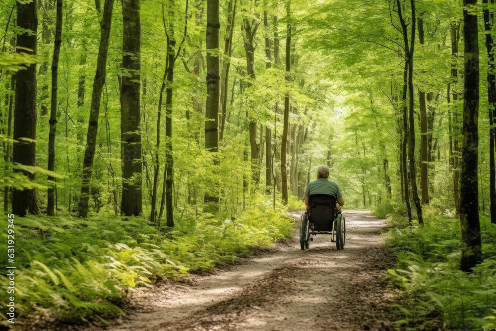 A wheelchair user finds independence and joy in nature while enjoying a solo hike through a forest. A wheelchair user finds independence and joy in nature while enjoying a solo hike through a forest.