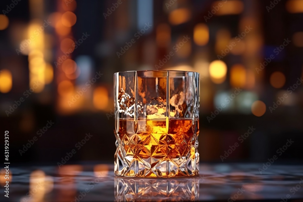 Whiskey. Whiskey in a glass with ice and smoke on a black background, close up.