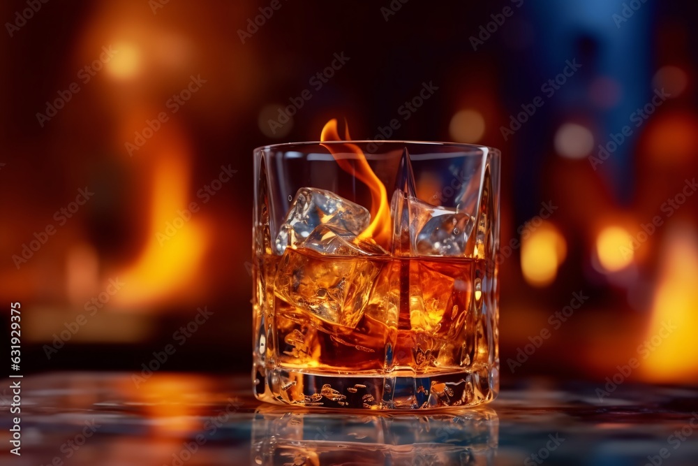 Whiskey. Whiskey in a glass with ice and smoke on a black background, close up. Whiskey. Whiskey in a glass with ice and smoke on a black background, close up.