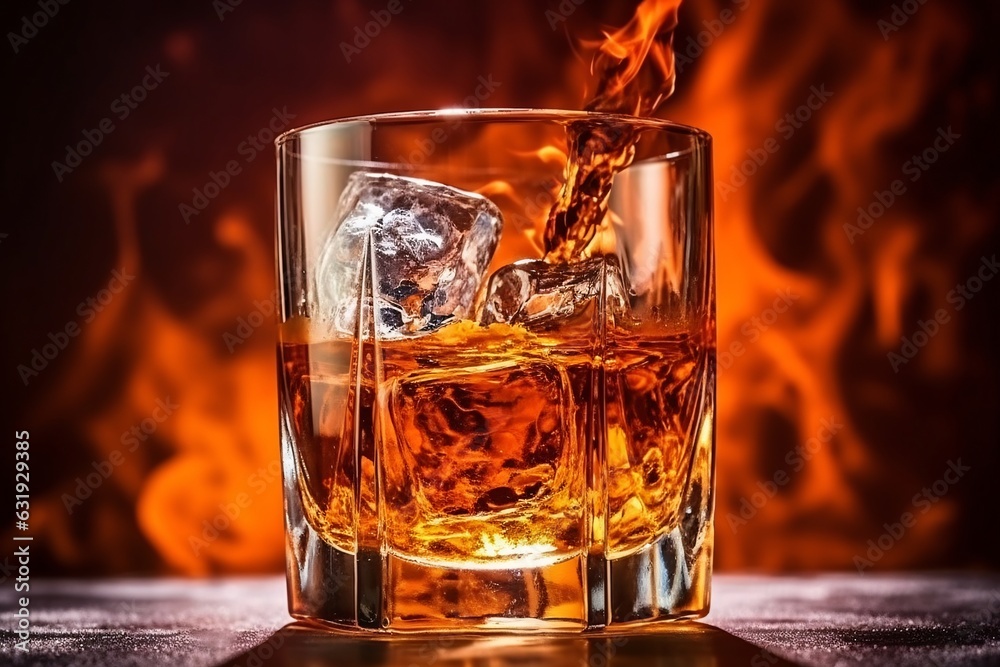 Whiskey. Whiskey in a glass with ice and smoke on a black background, close up.