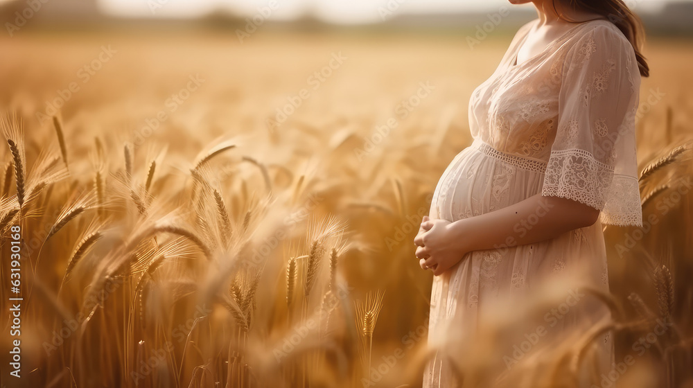 Pregnant woman in pretty beige lace long dress on wheat field. Creative concept wallpaper of motherhood, parenthood, pregnancy and birth. - obrazy, fototapety, plakaty 