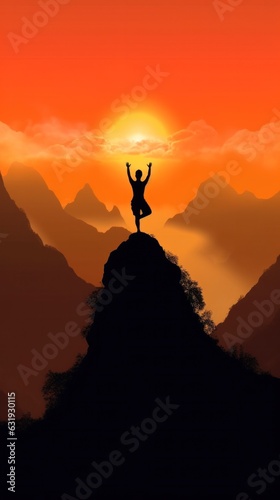 silhouette of a man doing yoga on the top of a mountain at sunset. 