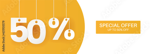 Wide yellow banner. 50 percent off banner.