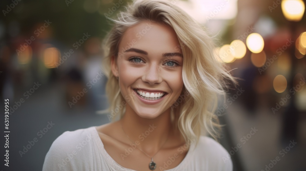 Young smilling blonde woman posing on soft blur background. 
