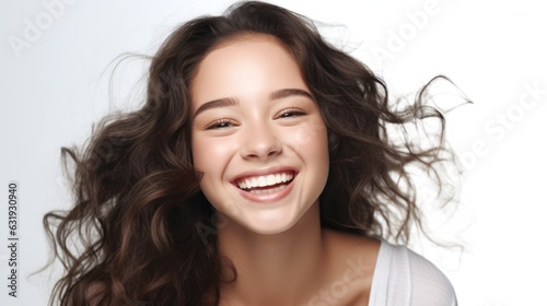 Young smilling woman posing on soft blur background. 