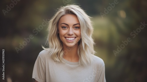Young smilling blonde woman posing on soft blur background. 