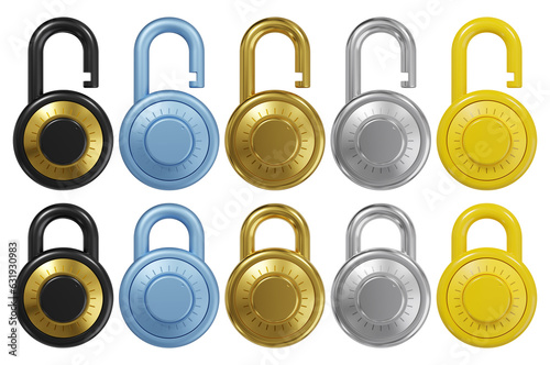 Closed and open code padlock set in different position. Privacy and protection concept. 3D rendering.