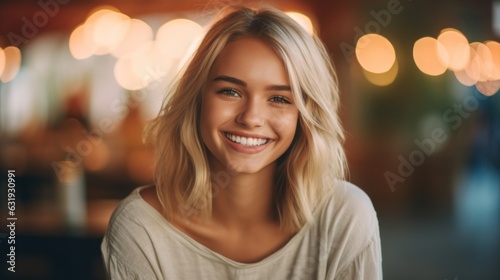 Young smilling blonde woman posing on soft blur background.  © Tetiana