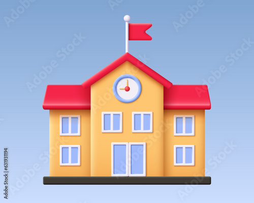 3d school building front view icon. Render educational institution for back to school, education. College, university, campus. 3d rendering school cartoon vector illustration