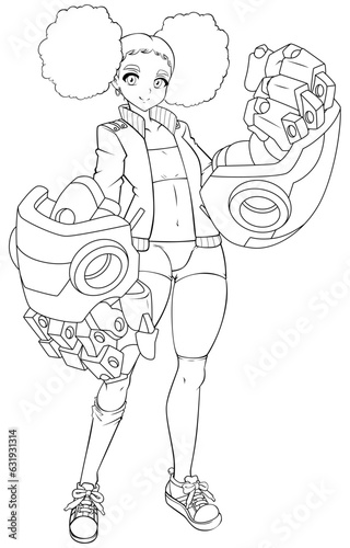 Black Anime Girl with Robotic Arms Line Art