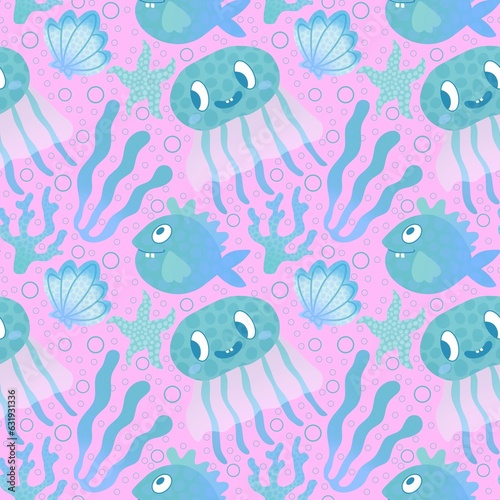 Cartoon fish seamless jellyfish and shall and coral pattern for fabrics and wrapping paper and kids clothes print