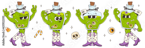Groovy retro halloween characters. Cool potion in cowboy boots. Poisons set. Trendy retro cartoon style vector illustration.