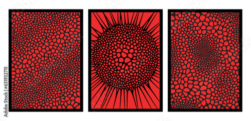 Black and red posters set with organic cells pattern. Vector grid mesh background.