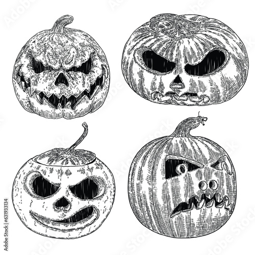 Smiling evil pumpkin set. Jack o lantern for Halloween hand drawing set of carved pumpkin. Holiday celebration, spirits and demons autumn symbol. Infernal and mystical candlelight. Vector.