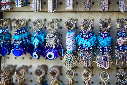 Various jewelry and bijouterie on traditional Turkish market in Istanbul, Turkey