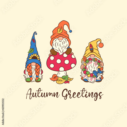 Fall card design with gnomes. Cute scandinavian gnome Tomte adorable characters whimsical and funny. Calligraphic greeting text fall quote. Autumn greetings Thanksgiving design for card, print, etc.