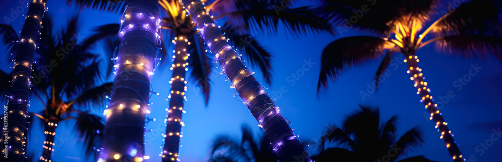 Obraz premium Palm trees decorated with Christmas garland night, fairy lights. lighted coconut by led light bulbs those bind led around the trunk with blue sky on the background. Palm trees with christmas lights.