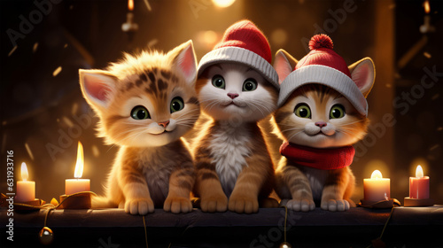 Photo of two adorable cats enjoying each other's company during the holiday season Christmas Animal Cartoon