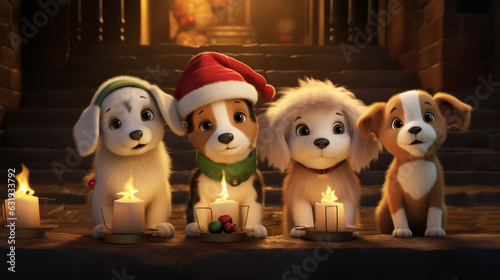 Photo of adorable puppies celebrating the holiday season with a festive candle display Christmas Animal Cartoon © Unicorn Trainwreck