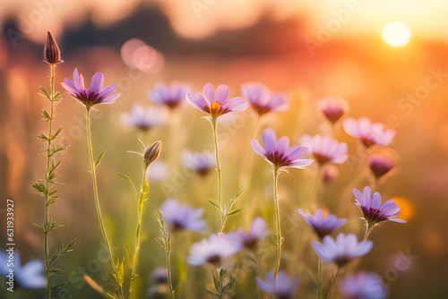 Wild flowers in a meadow at sunset. warm heart.  Generative AI 
