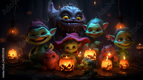 Little monsters with pumpkins, ready for Halloween Halloween Cartoon Art