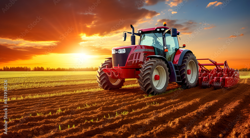 Fototapeta premium Agricultural workers with tractors. Ploughing a field with tractor at sunset