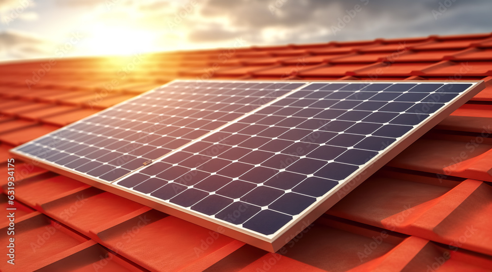 Solar panel on a red roof reflecting the sun and the cloudless blue sky ...