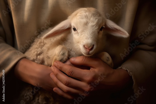 Fototapeta The hands of Jesus Christ gently holding a lamb