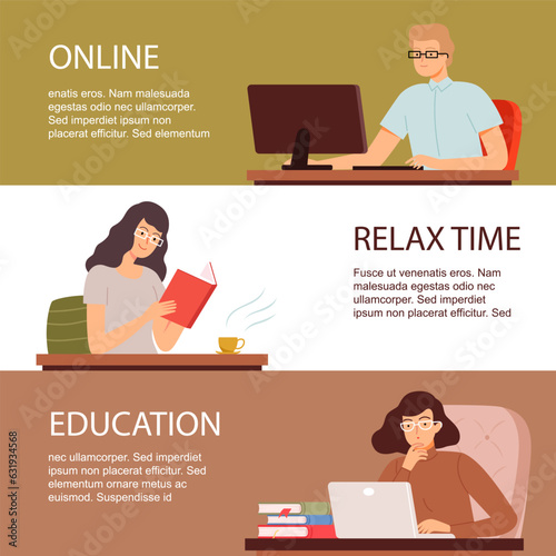 Education banners. people study at library reading books and working on laptop. Vector banners with place for text