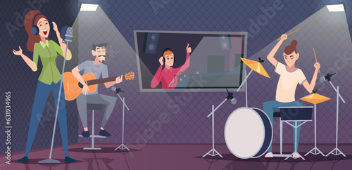 Sound studio. Interior workplace for sound designers and singers record studio exact vector cartoon background